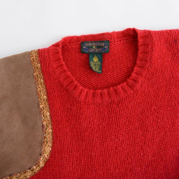 Vintage Charter Club  Red 100% Wool w/ Suede Patch Knit Crewneck Sweater L - Picture 11 of 12